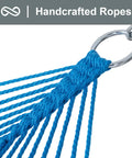 Close-up of handcrafted ropes on a Heavy Duty Polyester Rope Hammock With Bamboo Spreader Bar For Two People Weather Resistant Blue