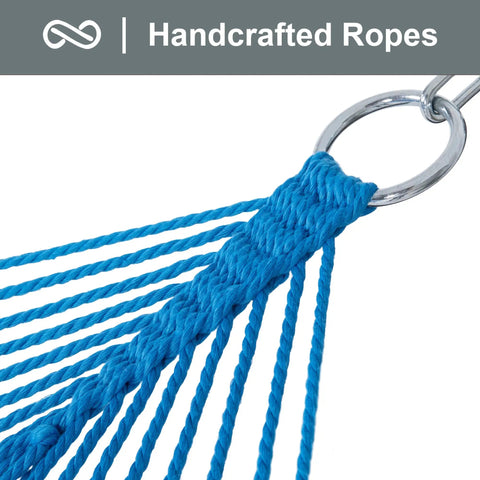 Close-up of handcrafted ropes on a Heavy Duty Polyester Rope Hammock With Bamboo Spreader Bar For Two People Weather Resistant Blue
