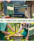 Heavy Duty Garden Kneeler And Seat With Large Four Pocket Tool Bag Flip Up Bench For Kneeling Or Sitting Thick Durable Frame For Women Men Gardeners Keeps Clothes Clean While Tending The Yard, showing seat and kneeler use with tool bag.