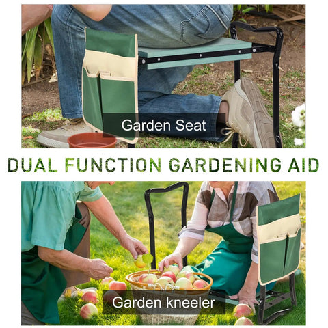 Heavy Duty Garden Kneeler And Seat With Large Four Pocket Tool Bag Flip Up Bench For Kneeling Or Sitting Thick Durable Frame For Women Men Gardeners Keeps Clothes Clean While Tending The Yard, showing seat and kneeler use with tool bag.