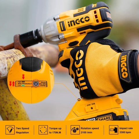 User using 20V Cordless Brushless Impact Driver Set With 1/4 Inch Drive on metal with gloves, showing torque settings.