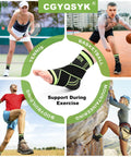 Collage of people in sports attire using green adjustable ankle brace for support in tennis, basketball, hiking, and climbing.