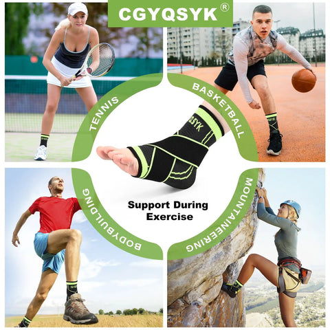 Collage of people in sports attire using green adjustable ankle brace for support in tennis, basketball, hiking, and climbing.