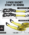 Heavy Duty Ratchet Tie Down Straps 1.5 Inch By 16 Foot 3300 Lb Break Strength 2 Pack in yellow with hooks and carrying bag.