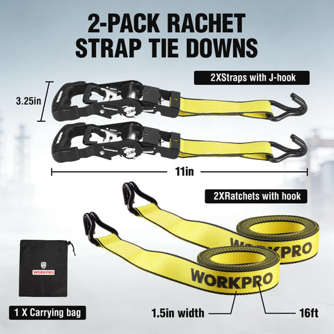 Heavy Duty Ratchet Tie Down Straps 1.5 Inch By 16 Foot 3300 Lb Break Strength 2 Pack in yellow with hooks and carrying bag.