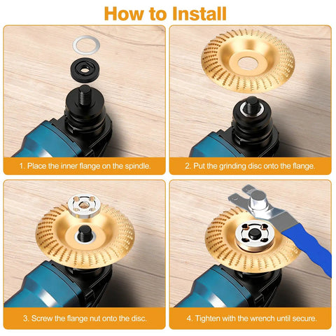 Ultimate Wood Carving Kit For Angle Grinder 14 Piece Set installation process with carving wheels and wrench