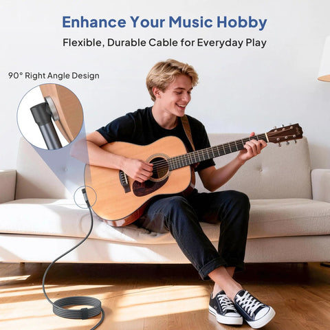 Right Angle to Straight One Quarter Inch TRS Instrument Cable 10ft 2-Pack with musician playing guitar
