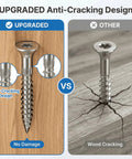 100 Pack Stainless Steel Deck Screws #10 x 2-1/2 Inch With Wax Coating showing anti-cracking design comparison on wood.