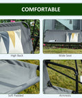Close-up features of Three Person Outdoor Porch Swing With Stand And Tilt Canopy, showing high back, wide seat, soft padding, armrests.