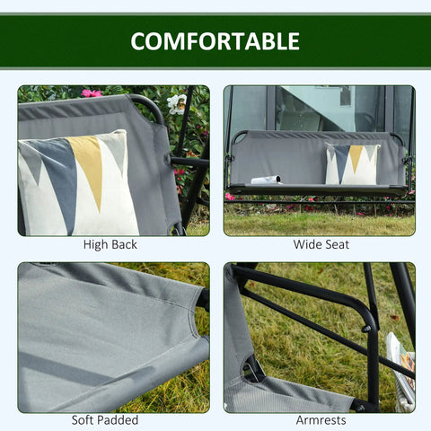Close-up features of Three Person Outdoor Porch Swing With Stand And Tilt Canopy, showing high back, wide seat, soft padding, armrests.