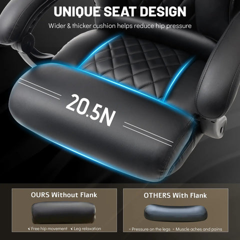 Massage Office Chair With Foot Rest And 3D Kneading Heat seat with unique design highlighting wider cushion, ideal for comfort.