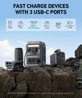 Solix C300 Portable Power Station 288Wh LiFePO4 Battery With 300W Continuous Power And 600W Surge displayed on rocks.