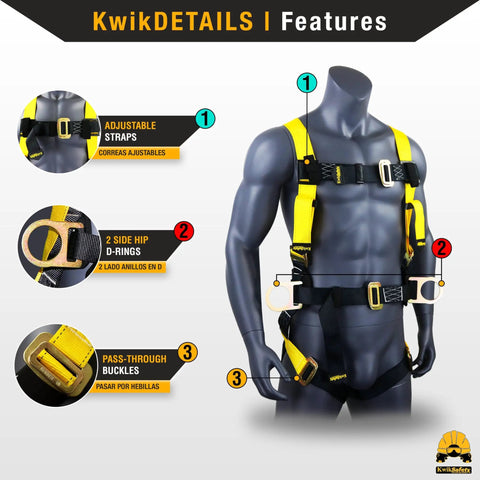 Rattler Combo Full Body Safety Harness With Cushioned Back Support, Heavy Duty D Rings, Pass Through Buckles, ANSI OSHA features image
