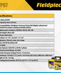 Front view of Fieldpiece VP87 vacuum pump; yellow portable HVAC tool with handle.