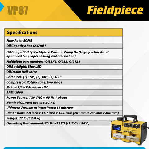 Front view of Fieldpiece VP87 vacuum pump; yellow portable HVAC tool with handle.