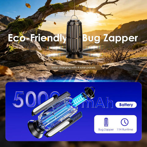 Sun Powered Dope Bug Zapper Outdoor With 5000mAh Battery USB-C Rechargeable And 4 Sided Solar Panels in a scenic setting