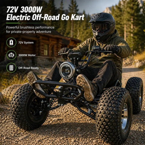Man driving Electric Off Road Go Kart With 72V 3000W Motor Peak 10.8kW Power on rugged trail with cabin in background