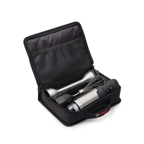 Hassle Free Padded Immersion Blender Carry Case Fits All Attachments Motor Wand Heavy Duty Polyester with whisk in unzipped travel bag.
