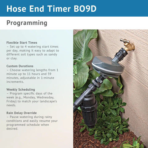 Three Quarter Inch Hose End Battery Operated Programmable Timer with LCD Display attached to faucet in garden