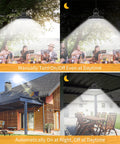 Solar Powered Outdoor Pendant Light With Remote illuminating patio and porch, showcases manual on/off and dusk to dawn features.