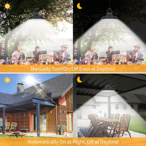 Solar Powered Outdoor Pendant Light With Remote illuminating patio and porch, showcases manual on/off and dusk to dawn features.