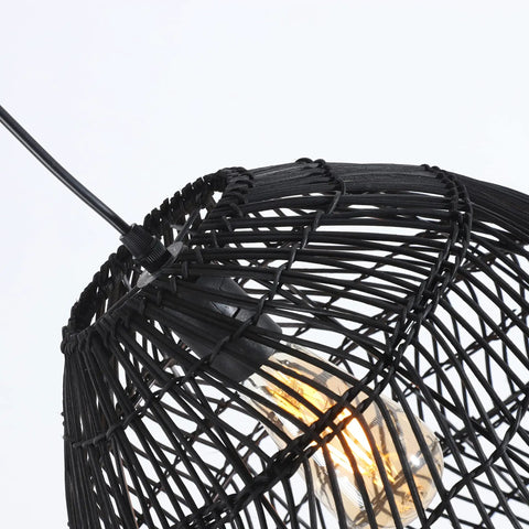 Black bamboo rattan weave detail of Bamboo Pendant Light Fixture Black Finish, Boho Rattan Woven Hanging Lamp For Kitchen Island Or Nursery