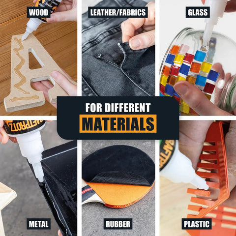 Pro Grade Thin Liquid Capillary Action Adhesive For Tight Cracks 50g Value Size With Fast Wicking For Plastic Wood And Metal Ultra Clear Industrial Bond For Models Furniture And Instrument Repairs, shown on various materials like wood, leather, glass, metal, rubber, and plastic.
