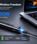 Cordless Ultrasonic Cutter Knife With LED Light, shown charging via Type-C next to a laptop, emphasizing portability.