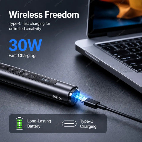 Cordless Ultrasonic Cutter Knife With LED Light, shown charging via Type-C next to a laptop, emphasizing portability.