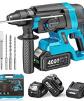 Go Cordless With This 1-Inch SDS-Plus Rotary Hammer Drill Featuring Brushless Motor, 4-Mode Safety Clutch, Includes 2X 4.0Ah Batteries And Chisel Bit Set For Concrete Drilling And Home Renovation.
