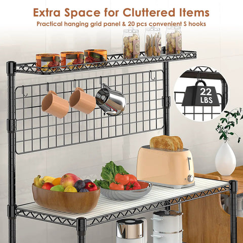 Workhorse Kitchen Bakers Rack With Wheels And Storage, 4 Tier Microwave Stand And Utility Cart, NSF Certified Commercial Metal Shelving, 42 By 18 By 63 Inch, Black, Includes 20 S Hooks