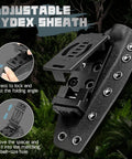 Beast Fixed Blade Knife With D2 Steel Blade and Adjustable Kydex Sheath lock mechanism, shown in detail