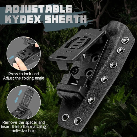 Beast Fixed Blade Knife With D2 Steel Blade and Adjustable Kydex Sheath lock mechanism, shown in detail