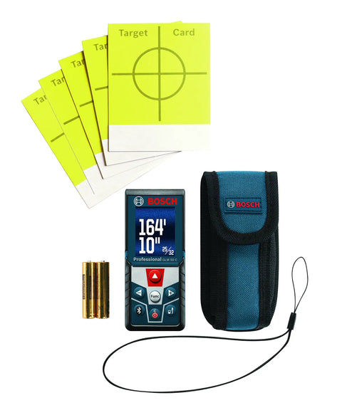 GLM 50 C Laser Distance Meter 165 Ft With Backlit Display And Real Time Length, Area And Volume Tools, batteries, target cards, and pouch