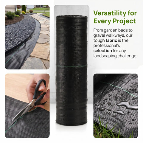 Heavy Duty Weed Barrier Landscape Fabric Ground Cover Pro Grade roll with close-up of fabric in a garden path setting