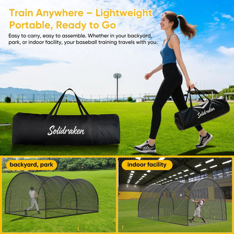 Woman carrying Backyard Baseball And Softball Batting Cage With Enclosed Net And Pitching Hole, park and indoor views visible.