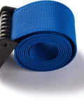 Kos Nylon Weight Belt For Freediving And Scuba, blue woven belt with quick release plastic buckle, rolled and angled view