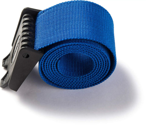 Kos Nylon Weight Belt For Freediving And Scuba, blue woven belt with quick release plastic buckle, rolled and angled view