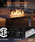 Propane Fire Pit Table For Outdoor Living 42 Inch Large Black Fire Pit Table With Ample Surface For Drinks And Snacks Perfect For Backyard Patio Gatherings And Cozy Outdoor Hangouts For Any Night showing flames, control knob and certification.