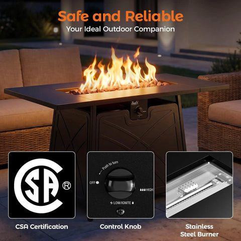 Propane Fire Pit Table For Outdoor Living 42 Inch Large Black Fire Pit Table With Ample Surface For Drinks And Snacks Perfect For Backyard Patio Gatherings And Cozy Outdoor Hangouts For Any Night showing flames, control knob and certification.