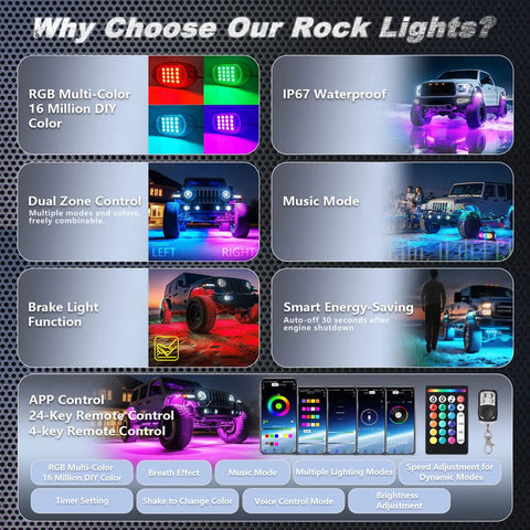 8 Pods RGB LED Rock Lights Kit for Jeep, Trucks, ATV, UTV, RZR, SUV and Golf Carts, Multicolor Underglow App Control features