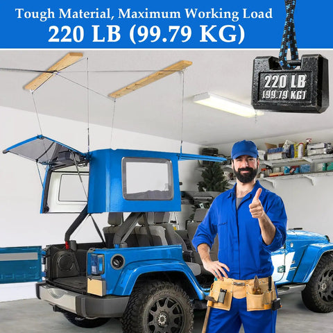 Heavy Duty Jeep Wrangler Hard Top Removal Lift Hoist With Self Levelling Design And Safety Anti-Drop Feature For Easy Roof Access And Secure Lifting Up To Two Hundred Pounds in a garage with a blue Jeep.