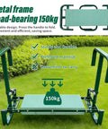 Adjustable Garden Kneeler And Seat With Foldable Frame Wide Kneeling Pad And Two Tool Pouches Five Height Settings From 15.7 To 20.5 Inches Heavy Duty Gardening Stool shown on grass with metal frame.