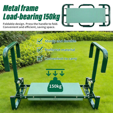 Adjustable Garden Kneeler And Seat With Foldable Frame Wide Kneeling Pad And Two Tool Pouches Five Height Settings From 15.7 To 20.5 Inches Heavy Duty Gardening Stool shown on grass with metal frame.