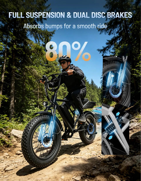 Rider using RetroVolt Electric Bike For Adults With 2000W Peak Power and 30 MPH Top Speed on rocky trail, showcasing suspension and brakes.