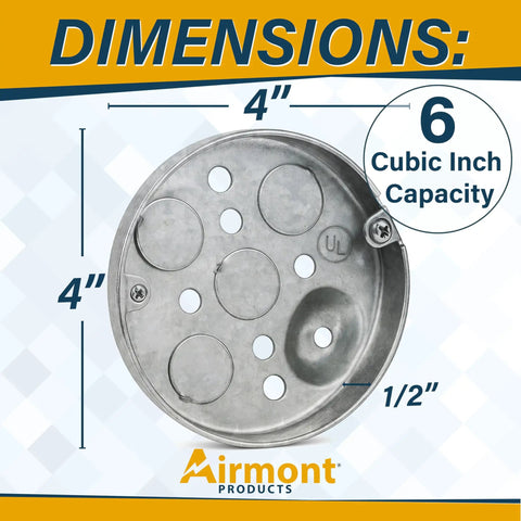 Real Deal 4 Inch Round Shallow Metal Electrical Junction Box UL Listed One Half Inch Deep Ceiling Fan And Light Fixture Mount 6 Cubic Inch Capacity dimensions image