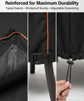 Close-up of All-Season 3-Piece Patio Bistro Set Cover detailing waterproof seams, windproof buckle, and adjustable drawstring.