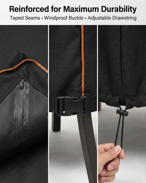 Close-up of All-Season 3-Piece Patio Bistro Set Cover detailing waterproof seams, windproof buckle, and adjustable drawstring.