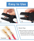 Close-up of open barrel wire crimper for JAM Molex Tyco JST connectors showing tool in use with metal connectors, instructional tips visible
