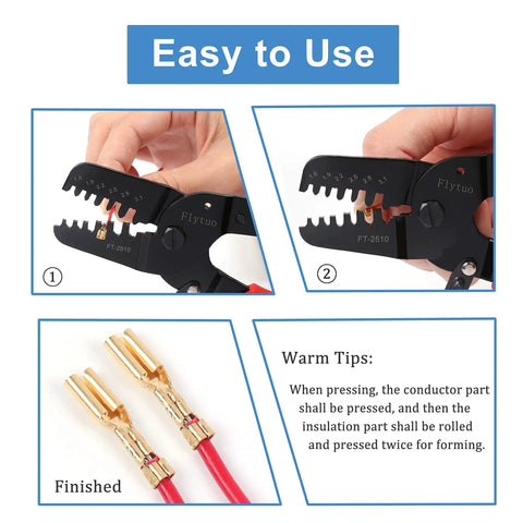 Close-up of open barrel wire crimper for JAM Molex Tyco JST connectors showing tool in use with metal connectors, instructional tips visible